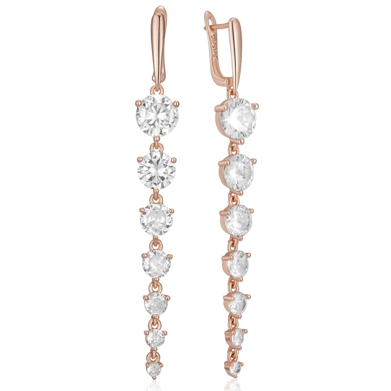 Diamond Drop White Natural Zircon Long Dangle Earrings for Women Fashion 585 Rose Gold Color Party Accessories Daily Jewelry