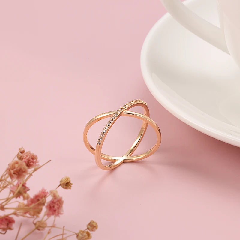 X design Natural Zircon Rings for Women Fashion 585 Rose Gold Geometry Cross Ring Vintage Wedding Jewelry Crystal Gift