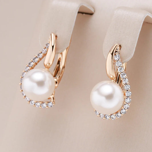 Luxury 585 Rose Gold Color English Earrings for Women Unique Geometric Pearl Earrings Bridal Wedding Jewelry 
