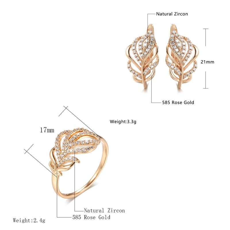 Vintage Sparkling Feathers 585 Rose Gold Women Earring Ring Sets Fashion Natural Zircon Flower Earring Ring  Fine Jewelry Set