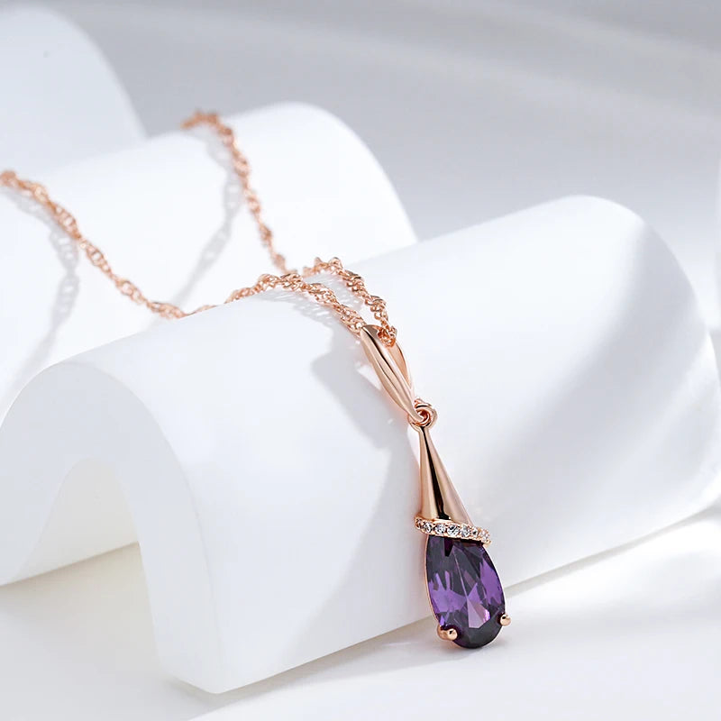 Water Drop Purple Pendant Fashion 585 Rose Gold Color Necklace for Women Natural Zircon Fine Daily Wear Jewelry Gift