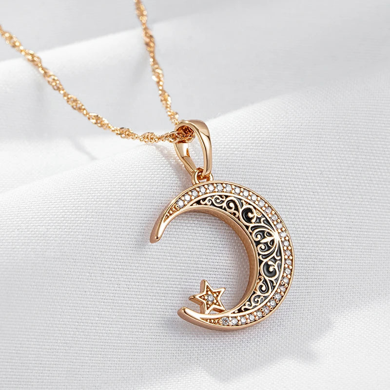 Moon lighting  Black Enamel  Pendant Necklace for Women 585 Rose Gold Color with Natural Zircon Fine Daily Ethnic Jewelry