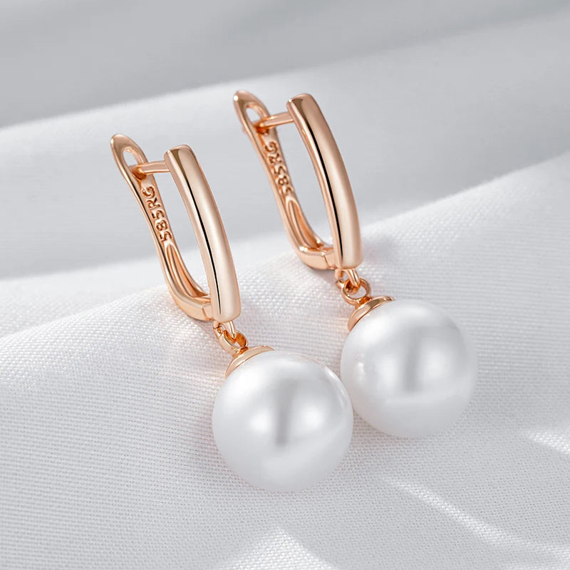 Simple 10Mm 12Mm 16Mm Pearl Drop Earrings for Women Luxury 585 Rose Gold Color Bridal Daily Earrings Wedding Jewelry