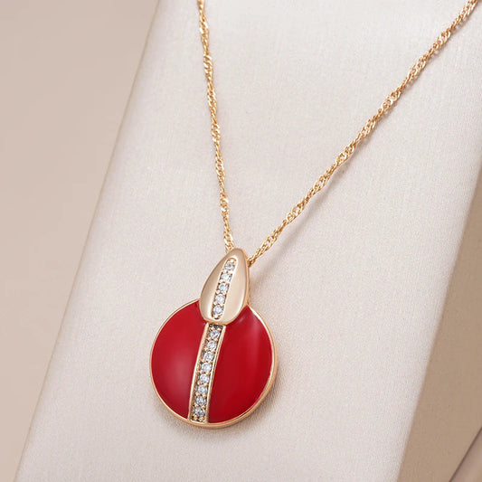 Hot Red Enamel Natural Zircon Pendant Necklace for Women Girl Simple 585 Rose Gold Color Party Daily Jewelry