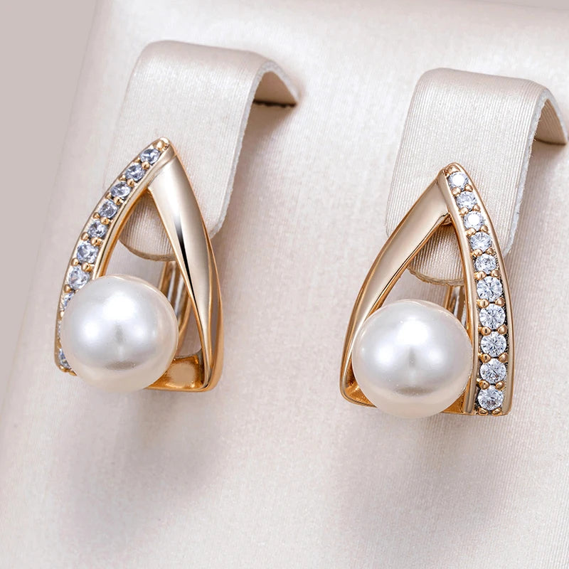 Pearl Luxury 585 Rose Gold Color English Earrings for Women Unique Geometric Earrings Bridal Wedding Jewelry 