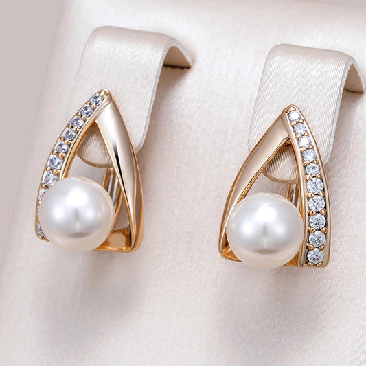 Pearl Luxury 585 Rose Gold Color English Earrings for Women Unique Geometric Earrings Bridal Wedding Jewelry 