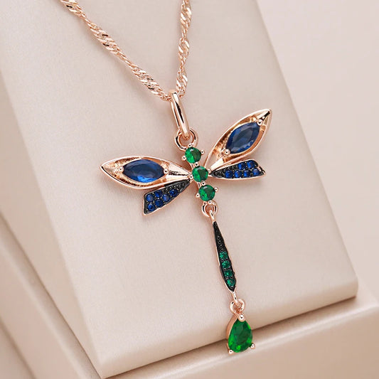 Dragonfly Pendant Necklace for Women 585 Rose Gold and Black Plating Vintage Daily Fine Jewelry