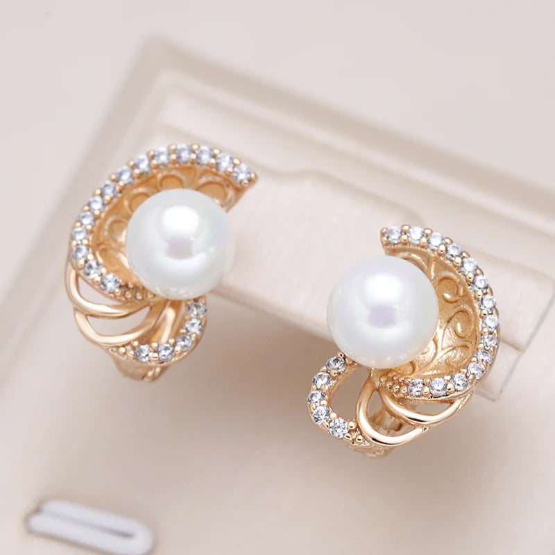 New round Pearl Dangle Earrings for Women 585 Rose Gold Color Flower Ethnic Bride Earrings Lovely Fashion Daily Jewelry