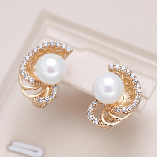 New round Pearl Dangle Earrings for Women 585 Rose Gold Color Flower Ethnic Bride Earrings Lovely Fashion Daily Jewelry