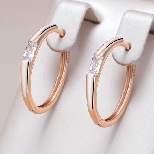 Classy Simple Trendy 585 Rose Gold Color Hoop Earrings for Women Shiny Square Natural Zircon Accessories Vintage Jewelry
