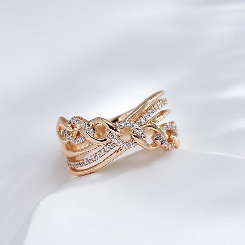 New 585 Rose Gold Color Natural Zircon Big Rings for Women Unique Cross Ring Fashion Modern Wedding Party Daily Jewelry