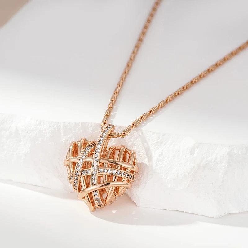 Unique Hollow Heart Pendant Necklace for Women Natural Zircon with 585 Rose Gold Color Modern Party Wedding Daily Jewelry