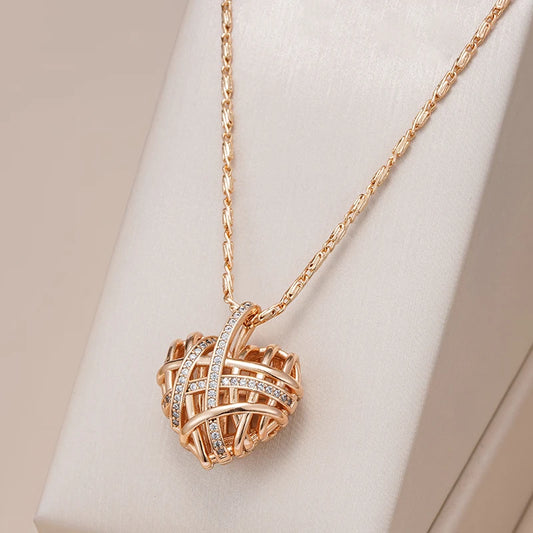 Unique Hollow Heart Pendant Necklace for Women Natural Zircon with 585 Rose Gold Color Modern Party Wedding Daily Jewelry