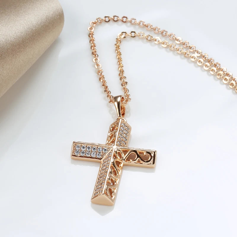 Exquisite Cross Necklaces 585 Rose Gold Micro Wax Inlay Natural Zircon Hollow Flower Necklaces for Women Vintage Jewelry