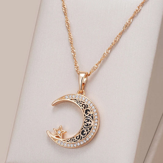 Moon lighting  Black Enamel  Pendant Necklace for Women 585 Rose Gold Color with Natural Zircon Fine Daily Ethnic Jewelry