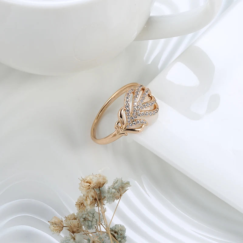 Vintage Sparkling Feathers 585 Rose Gold Women Earring Ring Sets Fashion Natural Zircon Flower Earring Ring  Fine Jewelry Set