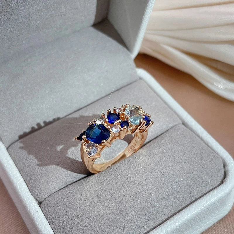 Romantic Vintage New Blue Natural Zircon Long Earrings Ring Sets for Women Trendy 585 Rose Gold Ring  Jewelry Sets
