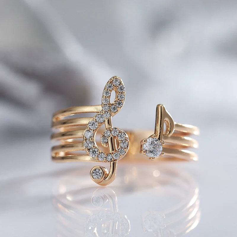 Musical Note Music Rings for Women 585 Rose Gold Color Modern Crystal Ring High Quality Daily Fine Jewelry