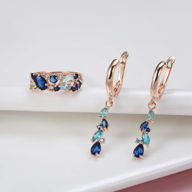 Romantic Vintage New Blue Natural Zircon Long Earrings Ring Sets for Women Trendy 585 Rose Gold Ring  Jewelry Sets