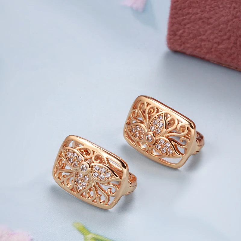 Three Petals Flower 585 Rose Gold Earrings Rings Sets for Women Natural Zircon Flower Ring Vintage Jewelry Sets 