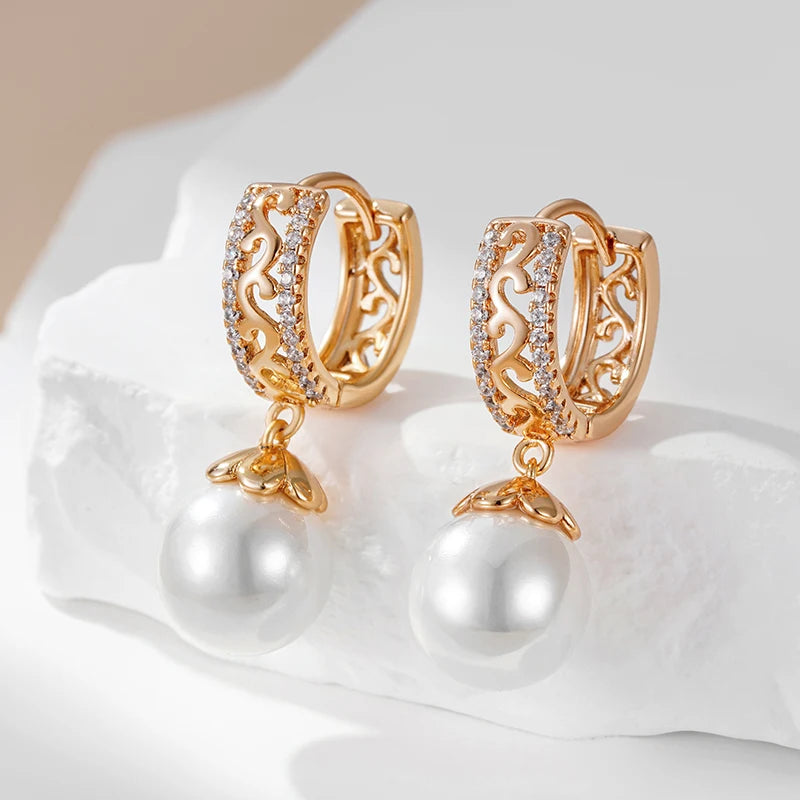 Luxury 585 Rose Gold Color Pearl Drop Earrings for Women Unique Hollow Pattern Natural Zircon Bridal Wedding Fine Jewelry