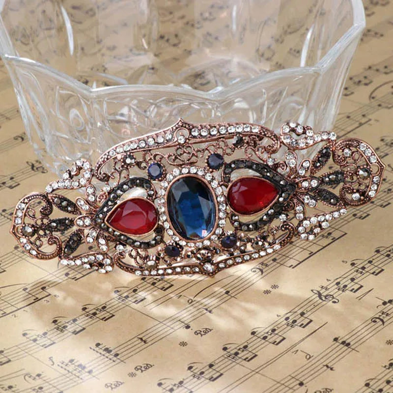 Big Size Women Brooch Ellipse Hollow Flower Cap Badge Hairpin Belt Pin Antique Gold Color Rhinestone Turkish Resin Jewelry