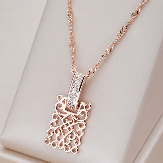 Square Rose Gold Pendant Necklace for Women with Vintage Natural Zircon Glossy Metal Necklace Trend Daily Jewelry