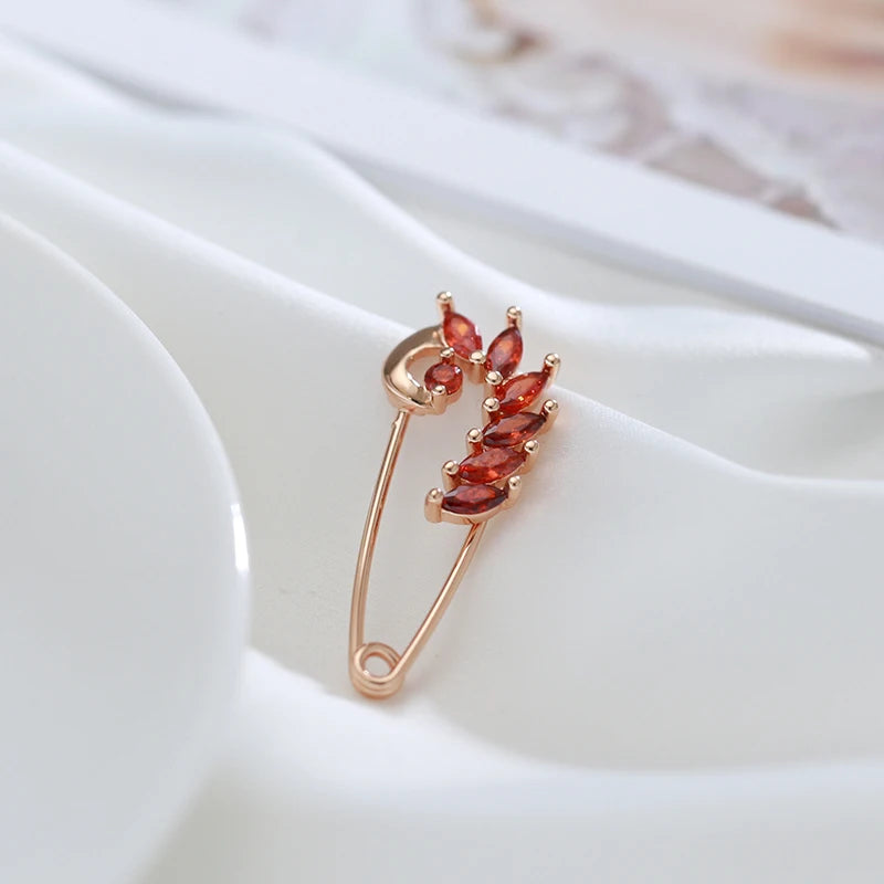 New Unique Red Natural Zircon Boutonniere 585 Rose Gold Fine Brooch for Women Fashion Creative Wedding Jewelry Hot