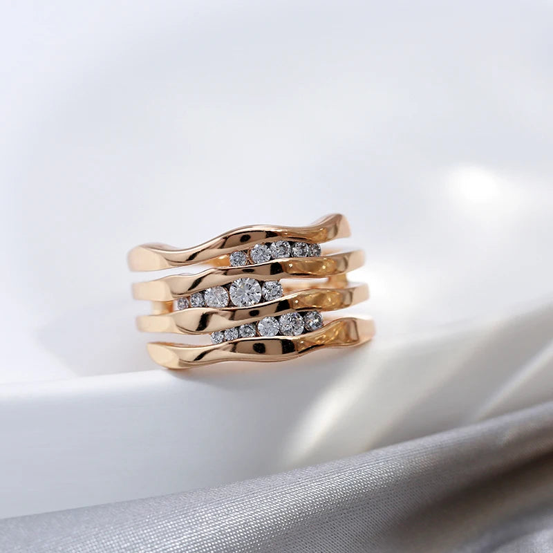 New Unique Creative 585 Rose Gold Women Rings Micro-Wax Inlay Natural Zircon Rings Geometry Modern Party Fashion Jewelry