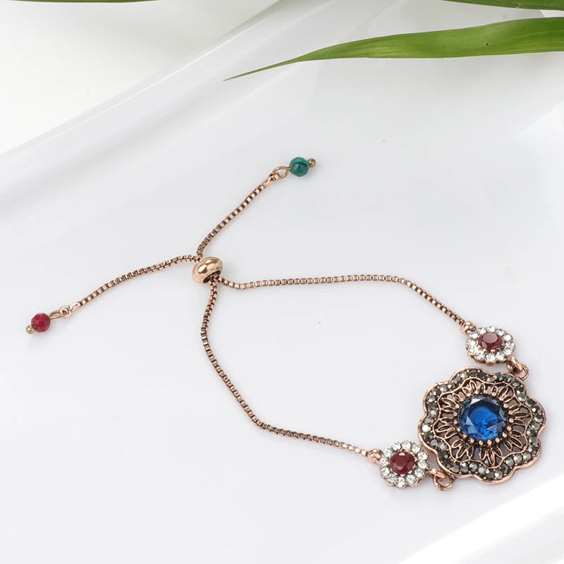 Luxury Gray Crystal Flower Bracelet for Women Antique Gold India Bracelets Adjustable Length Vintage Wedding Jewelry