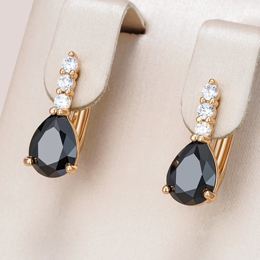 Black Water Drop Natural Zircon English Earrings for Women Trendy 585 Rose Gold Color Bride Wedding Fine Jewelry