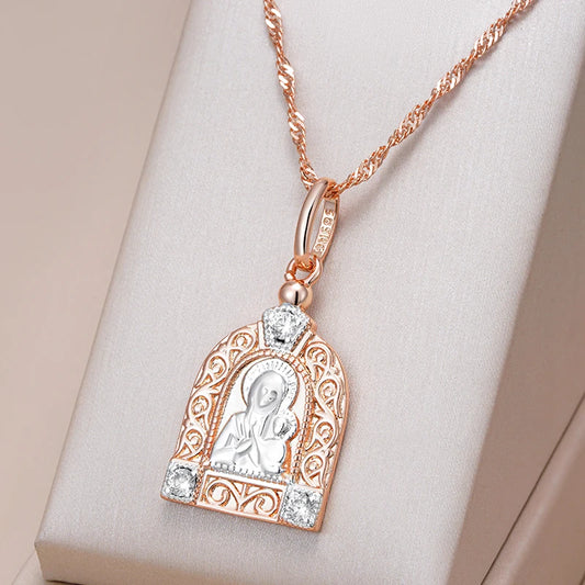 Luxury Virgin Mary Rose Gold Silver Color Pendant Necklace for Women Men 585 Rose Gold Color Natural Zircon Jesus Charm Daily Fine Jewelry Gifts