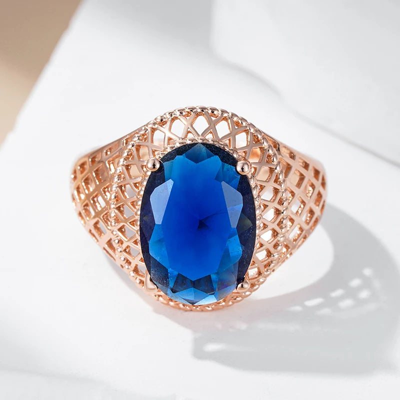 Oval Blue Natural Zircon Daily Ring for Women Trend 585 Rose Gold Color High Quality Ethnic Bridal Jewelry