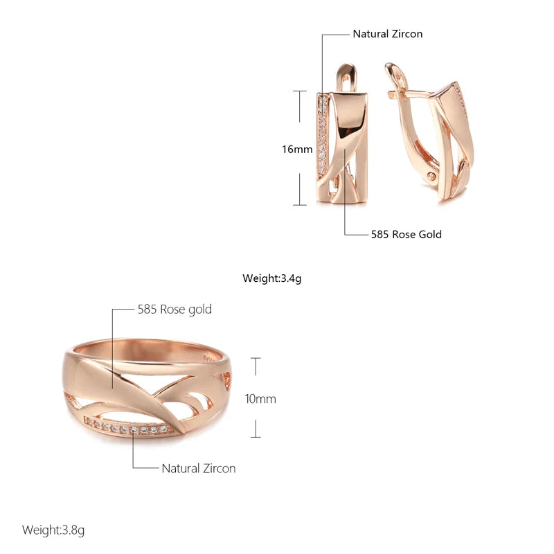 New 585 Rose Gold Square Drop Earrings Ring Stes Fashion Women Geometry Natural Zircon Ring Fine Daily Boho Jewelry Set