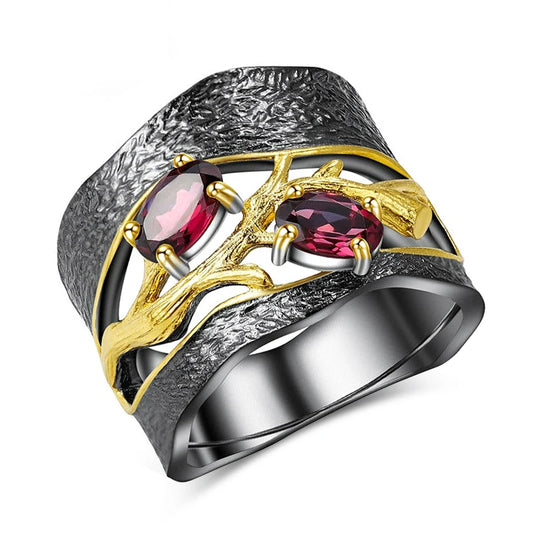 Vintage Classic Antique Ring Lucky Tree Punk Gun Black Mosaic Red Zircon Stone Finger Rings for Women