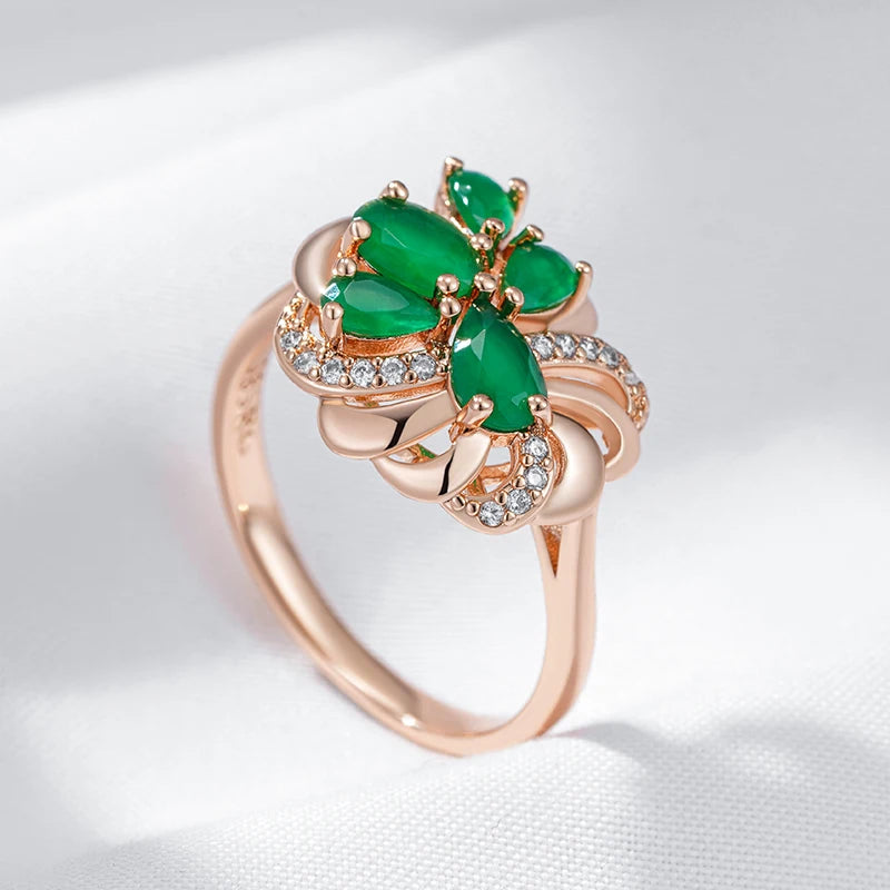 Unusual Full Sparkling Green Natural Zircon Ring for Women Luxury 585 Rose Gold Color High Quality Daily Fine Jewelry