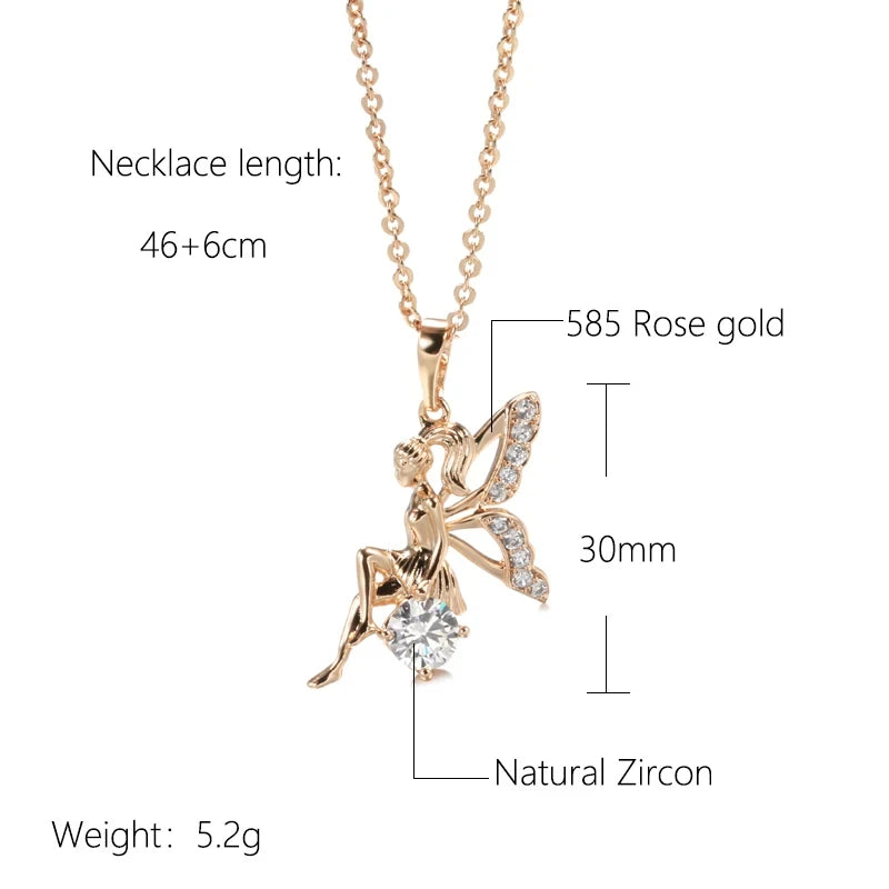 Angel Pendant Necklaces for Women 585 Rose Gold Color with Shiny Natural Zircon Pendant Daily Fine Jewelry