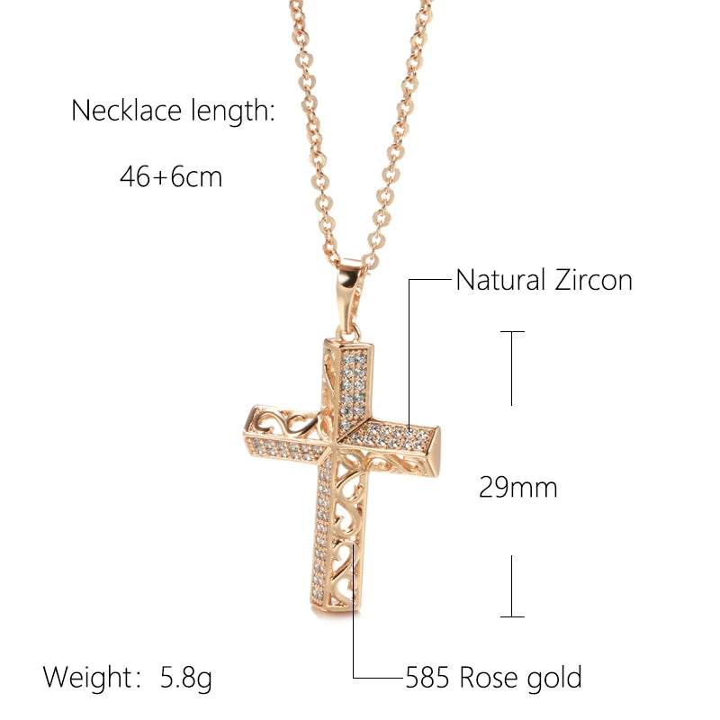 Exquisite Cross Necklaces 585 Rose Gold Micro Wax Inlay Natural Zircon Hollow Flower Necklaces for Women Vintage Jewelry