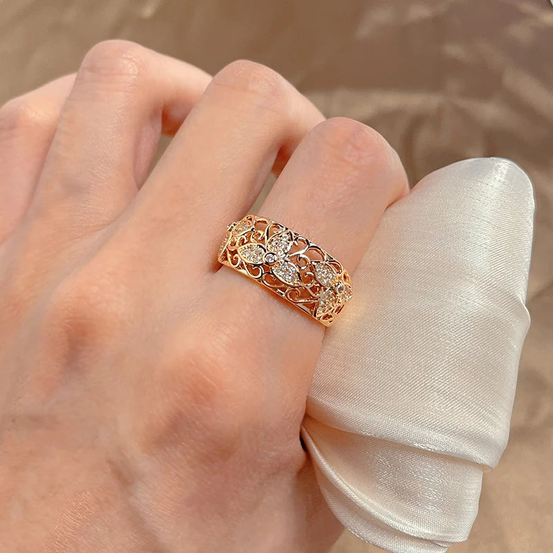 Three Petals Flower 585 Rose Gold Earrings Rings Sets for Women Natural Zircon Flower Ring Vintage Jewelry Sets 