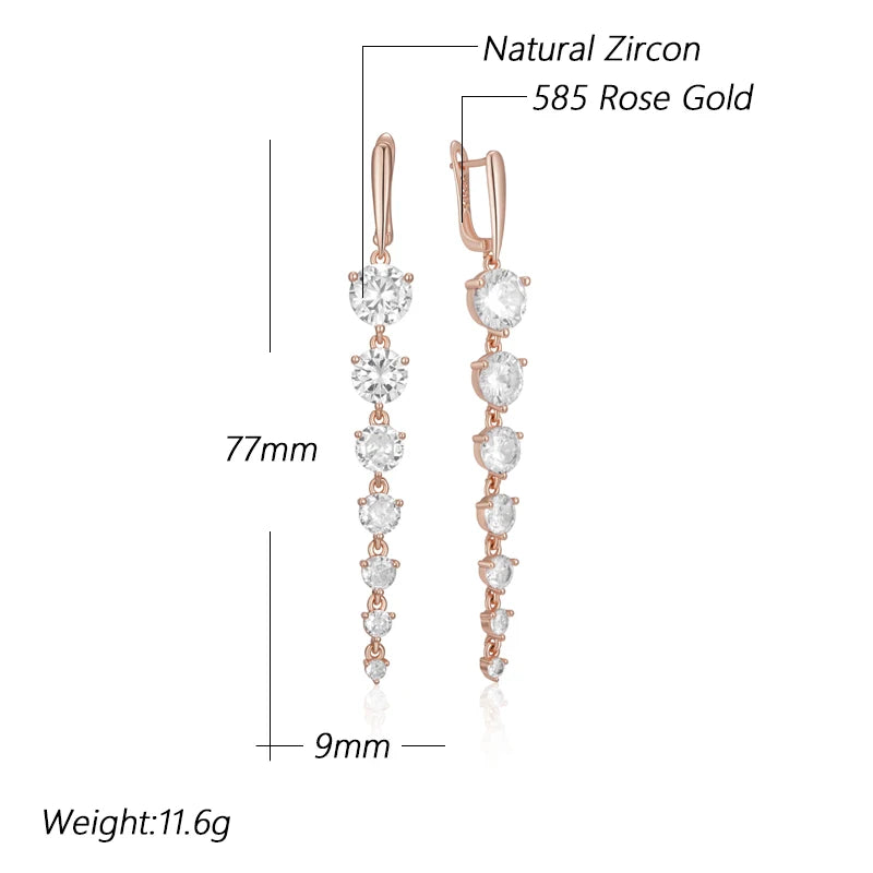 Diamond Drop White Natural Zircon Long Dangle Earrings for Women Fashion 585 Rose Gold Color Party Accessories Daily Jewelry