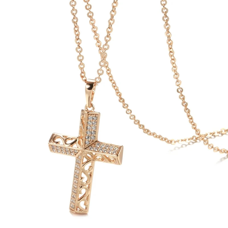 Exquisite Cross Necklaces 585 Rose Gold Micro Wax Inlay Natural Zircon Hollow Flower Necklaces for Women Vintage Jewelry