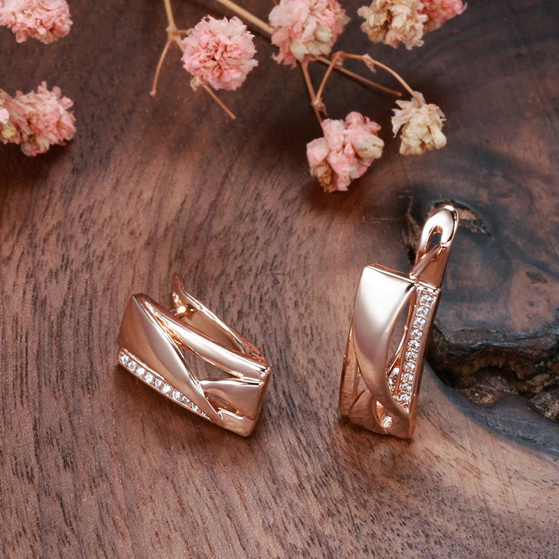 New 585 Rose Gold Square Drop Earrings Ring Stes Fashion Women Geometry Natural Zircon Ring Fine Daily Boho Jewelry Set