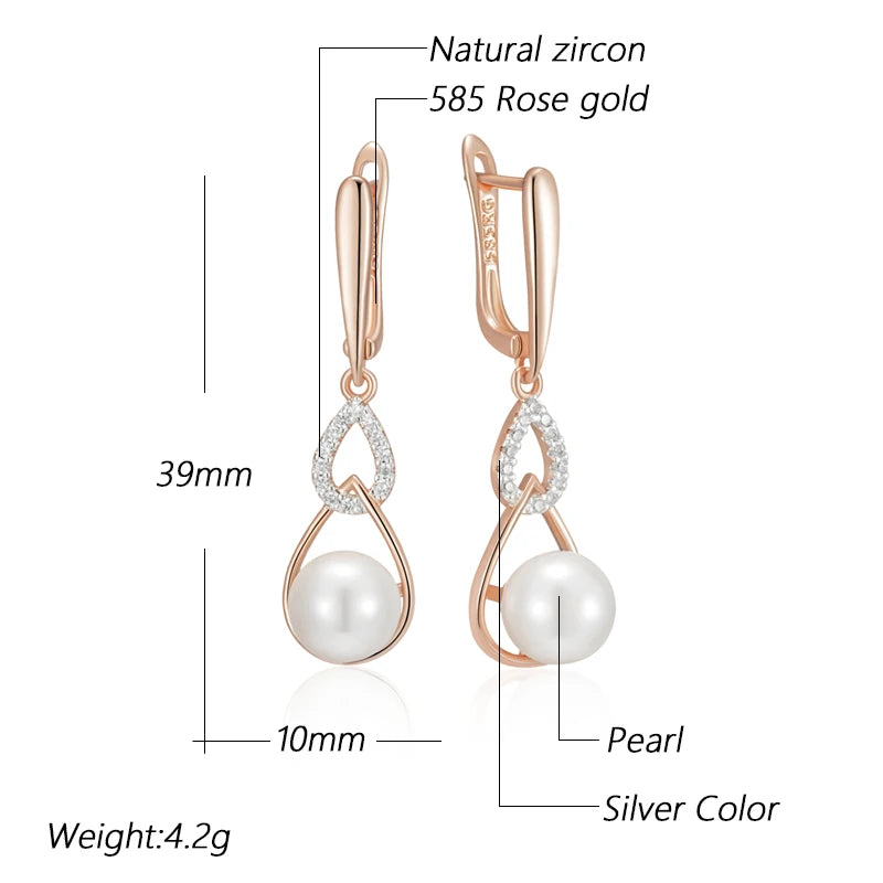 Simple 585 Rose Gold Color Drop English Earrings for Women Unique Geometric Pearl Earrings Bridal Wedding Jewelry 