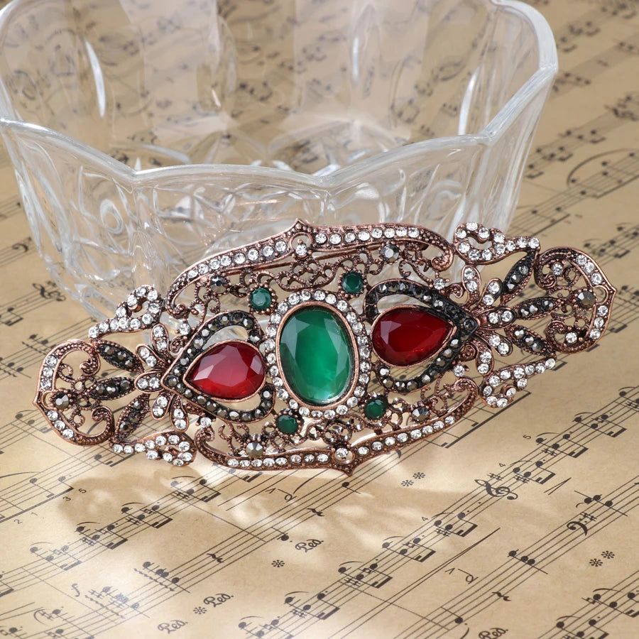 Big Size Women Brooch Ellipse Hollow Flower Cap Badge Hairpin Belt Pin Antique Gold Color Rhinestone Turkish Resin Jewelry