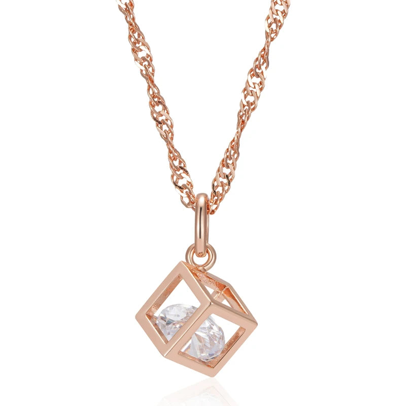 Rubix Square Pendant Necklace for Women 585 Rose Gold Color Natural Zircon Accessories Daily Fine Jewelry