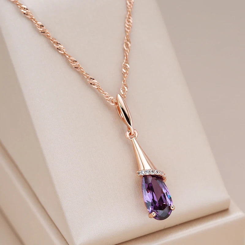 Water Drop Purple Pendant Fashion 585 Rose Gold Color Necklace for Women Natural Zircon Fine Daily Wear Jewelry Gift
