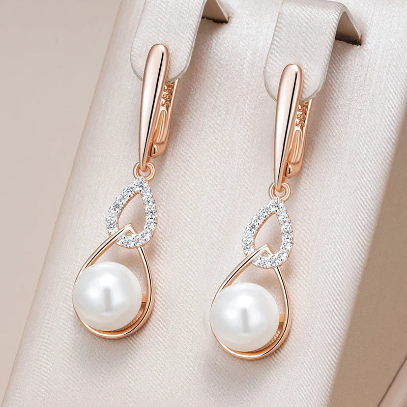 Simple 585 Rose Gold Color Drop English Earrings for Women Unique Geometric Pearl Earrings Bridal Wedding Jewelry 