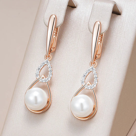 Simple 585 Rose Gold Color Drop English Earrings for Women Unique Geometric Pearl Earrings Bridal Wedding Jewelry 