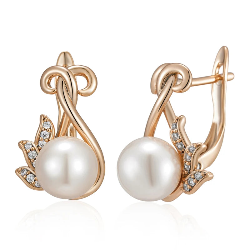 Luxury Crystal Flower Pearl Dangle Earrings for Women Trendy 585 Rose Gold Color with Natural Zircon Daily Fine Jewelry