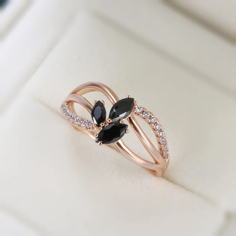 Black New 585 Rose Gold Earrings Ring Sets for Women Fashion with Natural Zircon Drop Earrings Ring Jewelry Set